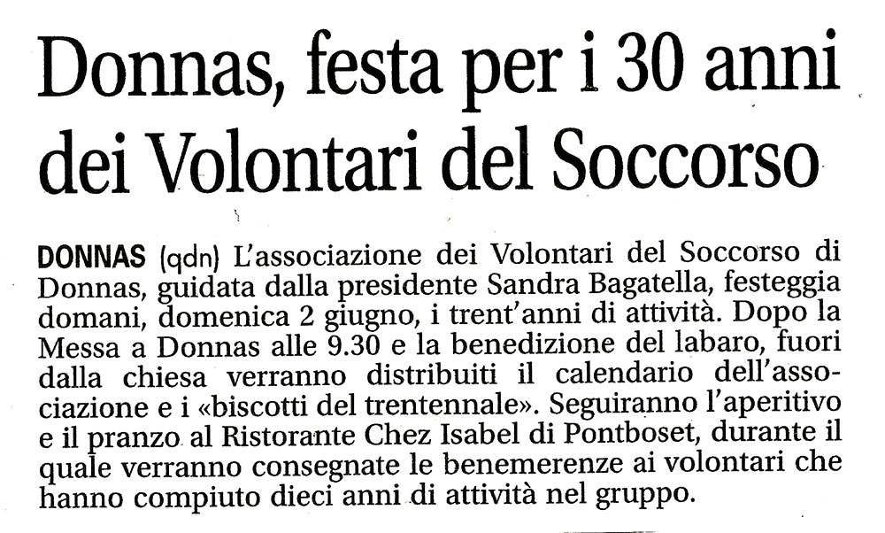 Donnas, festa per i 30 anni dei Volontari del Soccorso